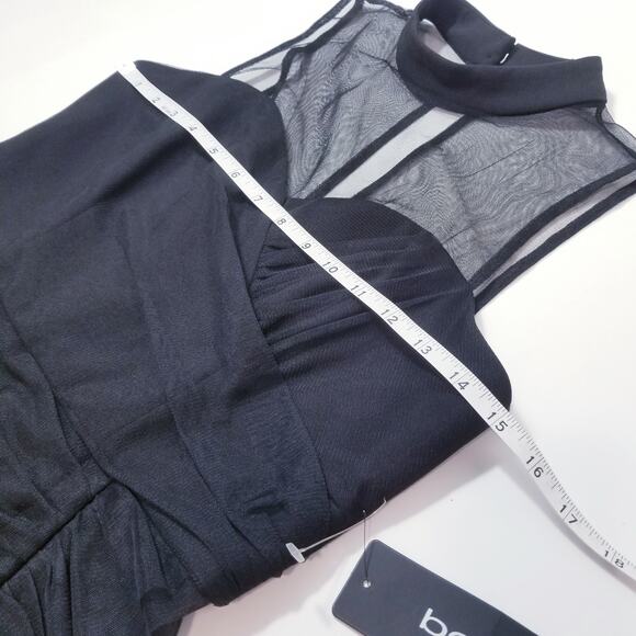 BEBE Black Ruched Illusion Neckline Ruffle Cocktail Dress Sleeveless Mock Neck - Picture 7 of 12